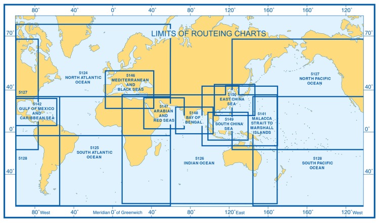 Weltkarte mit den Abdeckungsgrenzen der zwölf ADMIRALTY Routeing Charts