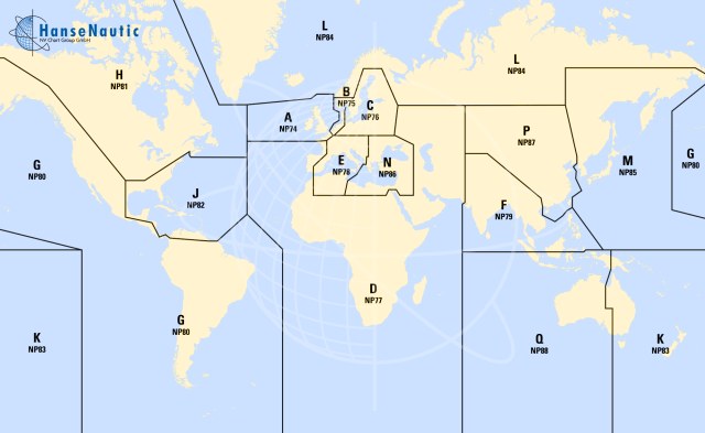 Weltkarte mit den Abdeckungsgrenzen der vierzehn ADMIRALTY List of Lights and Fog Signals