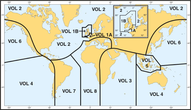 Weltkarte mit den Abdeckungsrenzen der einzelnen Admiralty Tide Tables