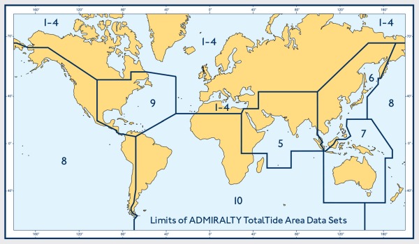 Weltkarte mit den Abdeckungsgrenzen der acht digitalen Gezeiteninformationswerke ADMIRALTY TotalTide