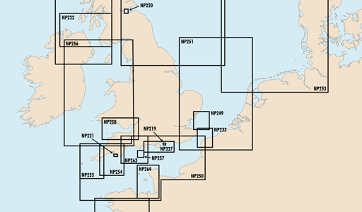 Karte Nordwest-Europas mit den Abdeckungsgrenzen aller ADMIRALTY Tidal Stream Atlas
