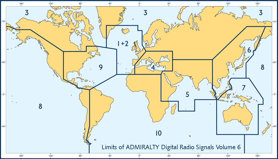 Weltkarte mit den Abdeckungsgrenzen der zehn Teile für die ADRS6
