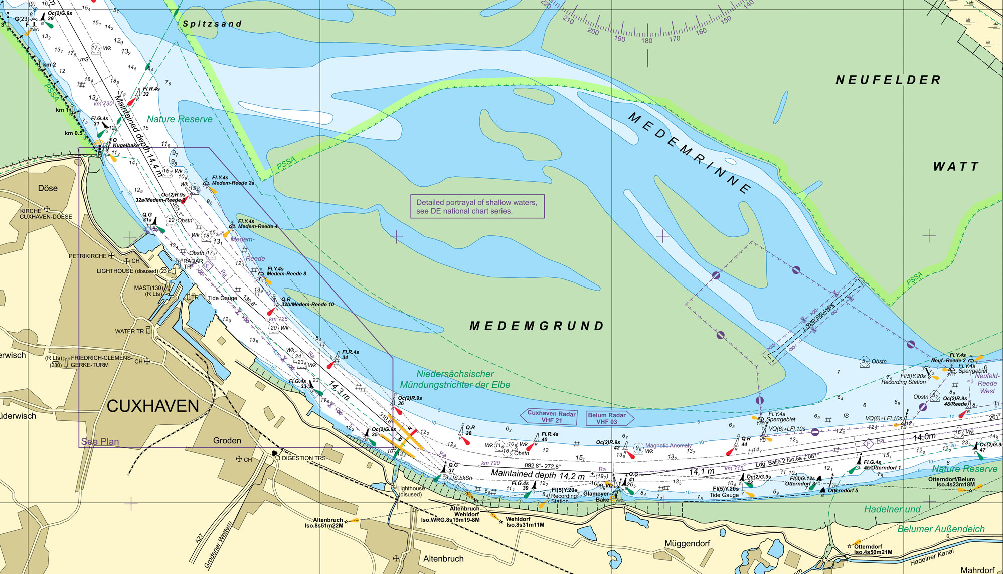 Kartenbild der Seekarte DE44 mit Details im Fahrwasser und ohne nautische Informationen im Flachwasserbereich oder entlang der Nebenfahrwasser.