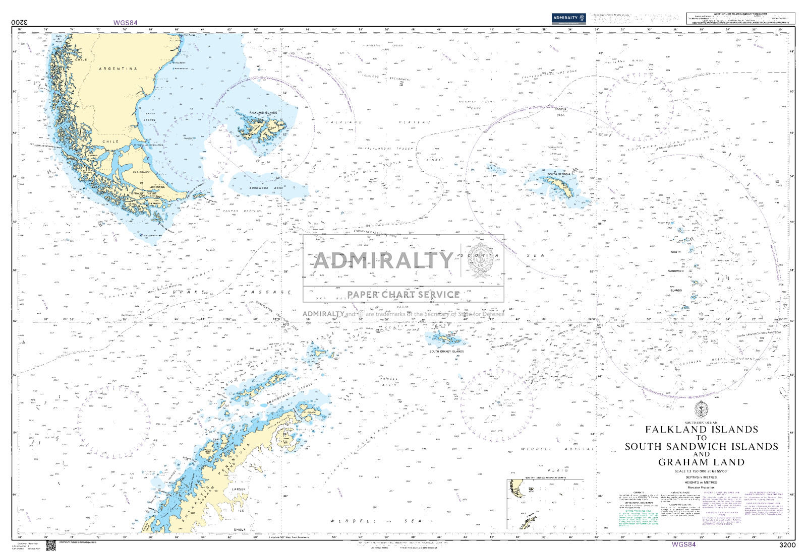 Falkland Islands to South Sandwich Islands and Graham Land. UKHO3200