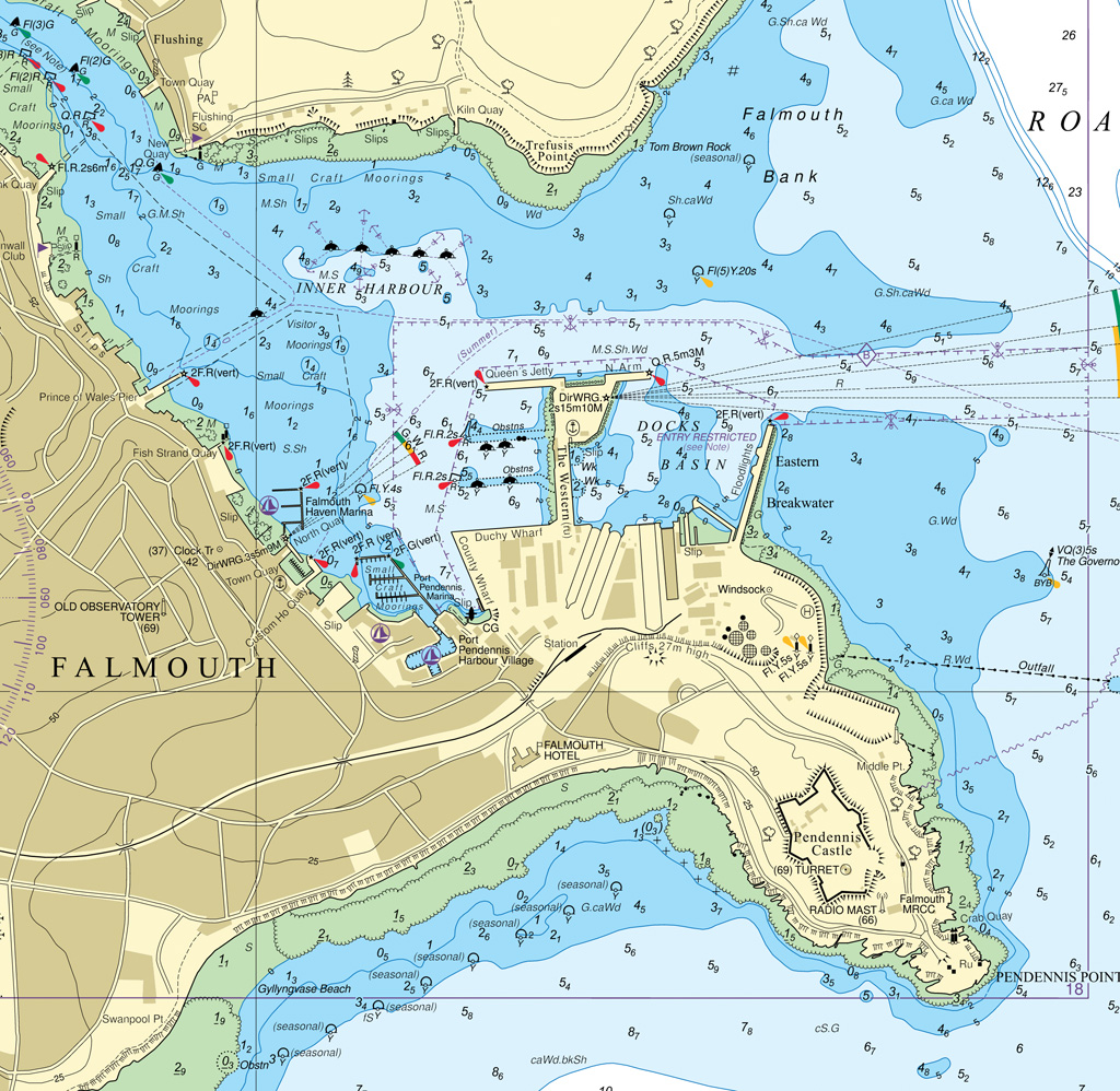 Ausschnitt der Seekarte UKHO32 für die Ansteuerung des River Fal und Falmouth mit allen Details auch im Flachwasserbereich und Nautischen Informationen.