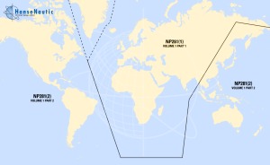 Weltkarte mit den Abdeckungsgrenzen der beiden Teile von Volume 1 der ADMIRALTY RadioSignals