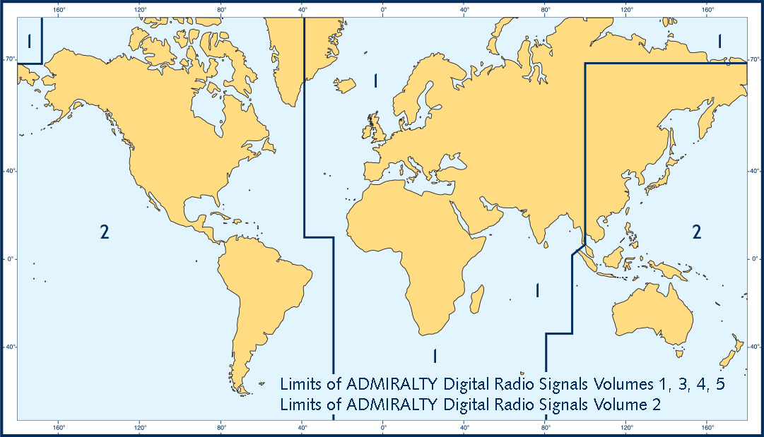 Weltkarte mit den Abdeckungsgrenzen der jeweils zwei Teile für die ADRS1,3,4,5 und ADRS2