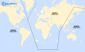 Weltkarte mit den Abdeckungsgrenzen der beiden Teile von Volume 3 der ADMIRALTY RadioSignals