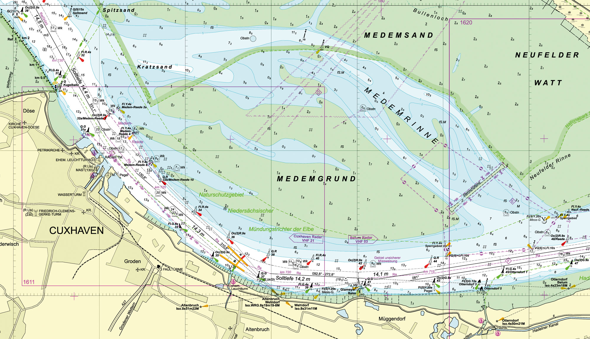 Ausschnitt der Seekarte BSH1610 für die Küstenschifffahrt mit allen Details auch im Flachwasserbereich und Nautischen Informationen für die Nebenfahrwasser.